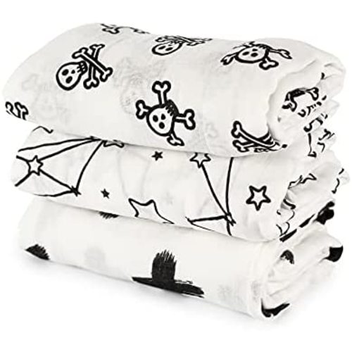 Iron Lily Baby Muslin Swaddle, Receiving Blanket Soft Bamboo Cotton Wrap Infant Newborn Boy Girl Unisex Gender Black White - Gift for Birthday Christening Shower - 3 Packs (Skull, Stars, Plus Signs)