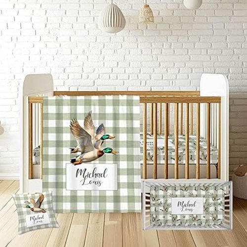 Wild Ducks Baby Crib Bedding Set with Name – Personalized 3-Piece Nursery Set for Boys, Soft Blanket, Fitted Crib Sheet & Pillowcase – Custom Baby Bedding for Newborns & Toddlers