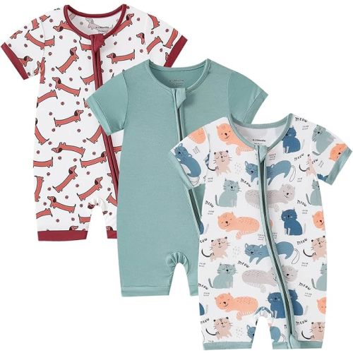 OPAWO Bamboo Baby Pajamas 3 Pack, Double Zipper Bamboo Sleepers for Baby Boy Girl Romper, Toddler Summer Clothes Outfit 0-24M