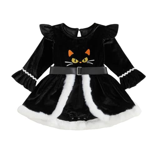 Yojeasrio Newborn Infant Baby Girl Halloween Clothes Fur Trim Romper Dress | Baby Girl My First Halloween Outfits 3 6 Months Pumpkin/Ghost/Bat/Black Cat A Line Dress Velvet Romper Bodysuit 12 18 Months