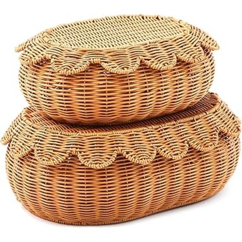 Juexica 2 Pcs Scalloped Rattan Baskets, Woven Rattan Wicker Storage Baskets with Lid for Nursery Storage diaper organizer Bathroom Decor(Dark Brown)