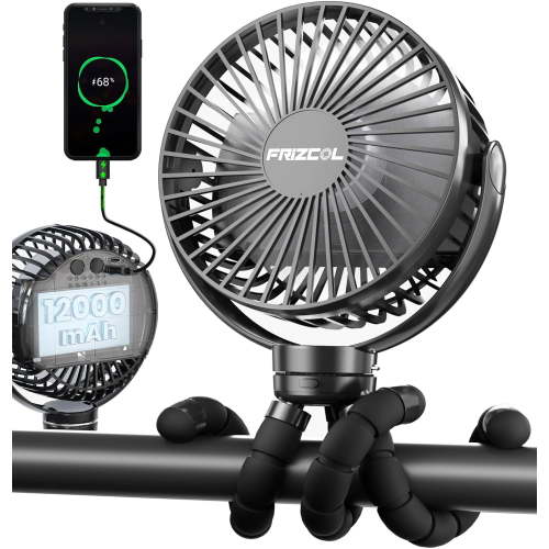 Portable Stroller Fan, Use As Power Bank, 65H 12000mAh Battery Operated Fan Flexible Tripod Baby Car Seat Fans with Timming, Personal Mini Handheld/Desk/Small Clip On Fans For Stroller