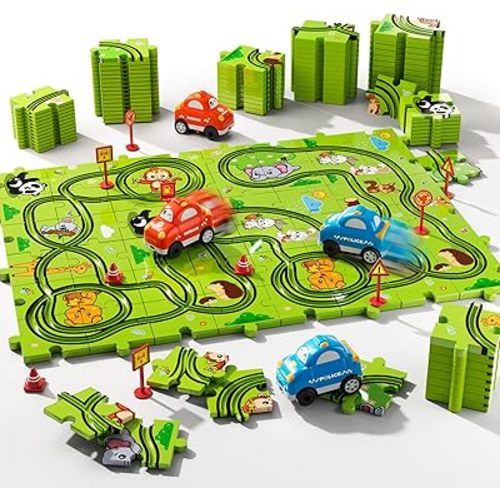 Beby Buty 48PCS Puzzle Race Track Car Set Toys for Kids Boys, Floor Puzzle Car Tracks for Boys Ages 3-5 4-6, Toddler Toys Gifts for 3 4 5 Year Old Kids, Ideal 3 4 5 6 Year Old Birthday Gifts