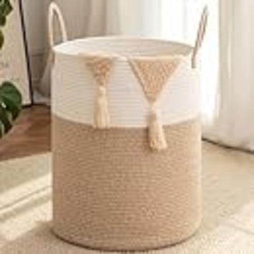 OIAHOMY 60L Nursery Hamper Laundry Basket Laundry Hamper Brown/White | collapsible Blanket Basket Cotton Rope Woven Basket Dirty Clothes Hamper Baby Hamper Tall Clothes Hamper with Handles