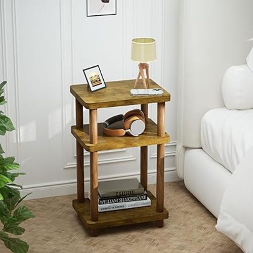 Solid Wood 3 Tier End Table, Side Table Sofa Couch Table for Living Room, Night Stand Storage Shelf, for Small Space, Easy Assembly, for Living Room, Bedroom, Apartment, Rustic Brown