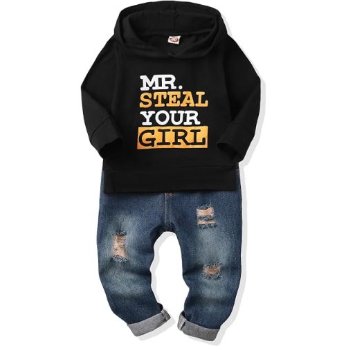 NZRVAWS Baby Boy Clothes Toddler Boy Outfit 2 3 4T 6 12 18 24 Month Fall Winter Hoodie Ripped Jeans Clothing