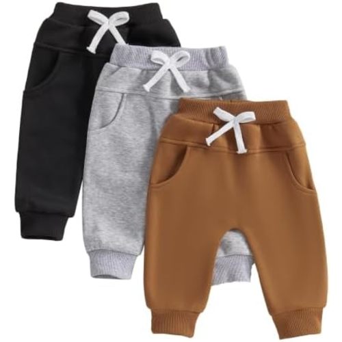 Baby Boys Girls 3 Pack Sweatpants Toddler Solid Elastic Waist Bottom Joggers Pants Unisex Newborn Infant Trousers