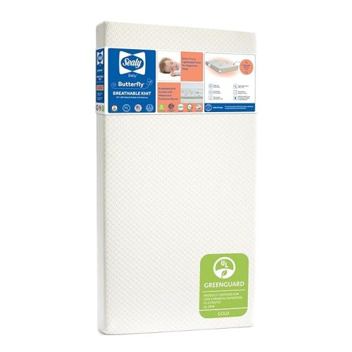 Sealy Baby Butterfly Knit Breathable Crib Mattress, GREENGUARD GOLD Certified, Made in USA, Premium Foam, Washable Easy to Clean Cover, Toddler Bed Fit, Safety & Quality Tested, 52x28"