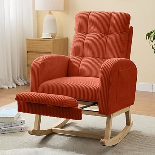NIOIIKIT Nursery Rocking Chair, Corduroy Upholstered Rocking Chair with Adjustable Footrest, Tufted Rocker Chair with Side Pocket, Glider Rocker for Living Room, Bedroom (Orange Retro)