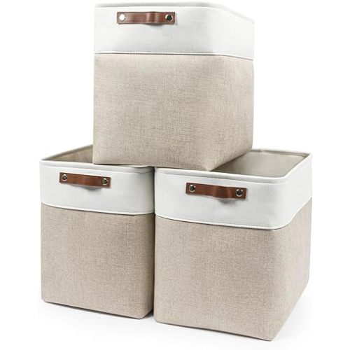 Bagnizer Large Fabric Storage Baskets | 50L Storage Bins, Decorative Linen Closet Baskets with Handles for Organizing, Shelf, Toys, Clothes, Home, Office, Nursery, 17x12x15Inches (Beige&White)