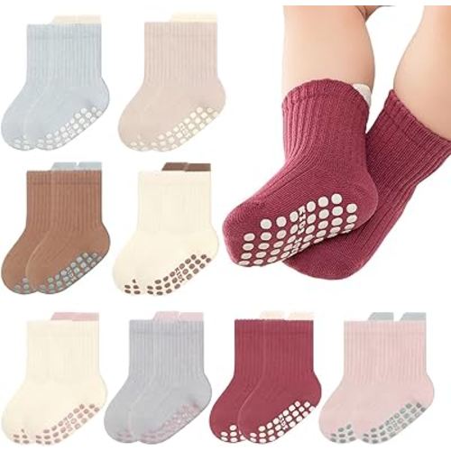 GJHJNSTG 8 Pairs Baby Socks Non Slip Grip Cotton Crew Socks for Boys Girls Newborn Infant Toddler Anti Skid Sock