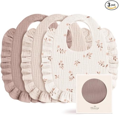 Konssy 3-Pack Muslin Baby Girl Bibs, 100% Cotton with Ruffle Trim