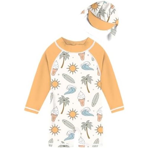 uideazone Baby Boys One Piece Swimsuit Long Sleeve UPF 50+ Rash Guard Bathing Suit Swimwear with Sun Hat 3-24 Months
