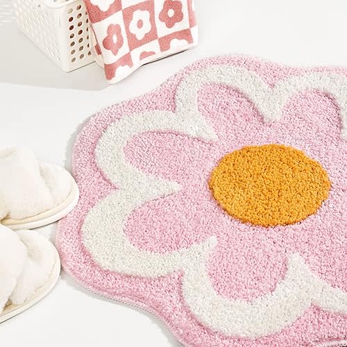 Pink Flower Bath Mat, Machine Washable