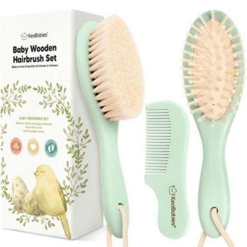 KeaBabies Baby Hair Brush and Comb Set, Oval Wooden Baby Brush Set for Newborns, Infant, Toddler Grooming Kit (Sage, Regular)