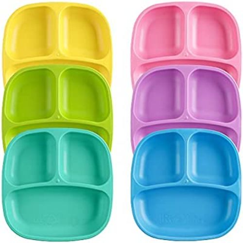 Re Play 6pk - 7" Divided Plates for Baby, Toddler & Child Feeding in Yellow, Lime, Pink, Purple, Aqua & Sky Blue | BPA Free| Made in USA from Eco Friendly Recycled Milk Jugs | Sorbet | Set of 6