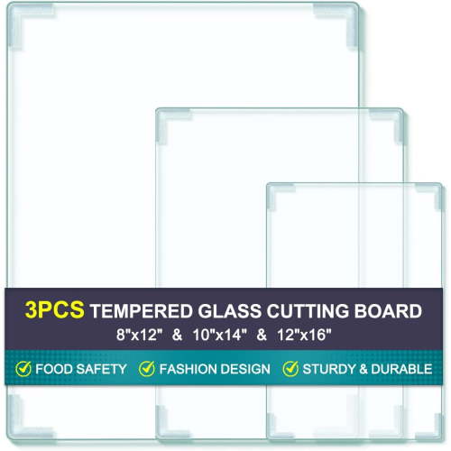 3Pcs Tempered Glass Cutting Board for Kitchen Counter, with Non-Slip Feet, Heat Resistant, Non-Slip, Scratch Shatter Resistant (8"x12"&10"x14"&12"x16")