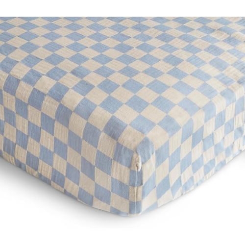 mushie Extra Soft Muslin Fitted Crib Sheet | 192 Thread Count | 28"x 52" (Blue Check)