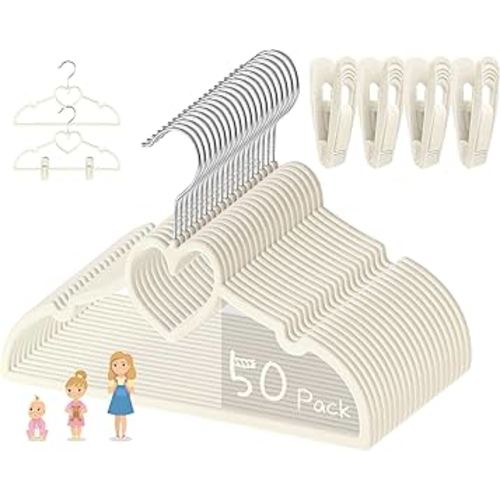 Beige Heart Velvet Baby Hangers - 50pack 13inch Toddler Hangers with 20pcs Clips, Premium Velvet Strong and Durable Baby Clothes Hangers Without Slipping, Ultra Slim and Stackable Space Saving