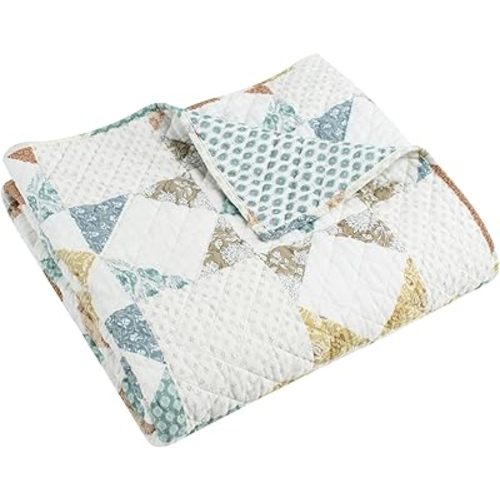 Levtex Home - Lottie - Throw - Patchwork - Sienna Teal Green Ochre Taupe and Cream - Throw Size 50x60in. -Cotton