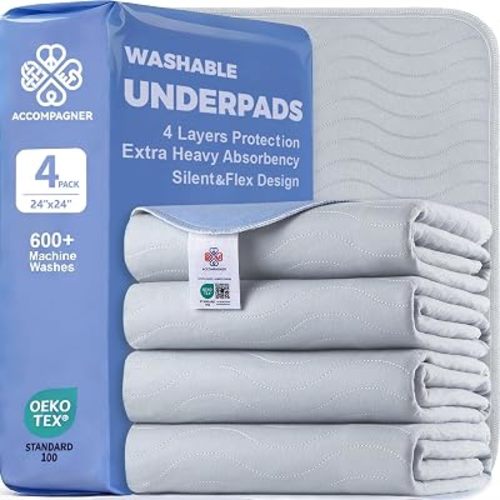 Accompagner Incontinence Bed Pads Washable Waterproof, Ultra-Absorbent Reusable Underpads for Diaper Changing, Nursing, Bedridden, Adults, Seniors, Kids and Dogs (Pearl Gray, 24"x24"(Pack of 4))