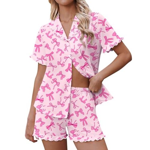 Ekouaer Pajamas for Women Sets Cute Pjs Button Down 2 Piece Short Sleeve Ruffle Lounge Set Sleepwear