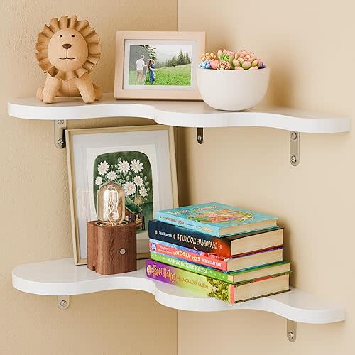 Cute Cloud Corner Shelves - Set of 2 White Wooden Floating Corner Shelves Wall Mounted, 90-Degree Space-Saving Nursery Shelves with Brackets, Kids Room Decor for Bedroom,Living Room,Bathroom