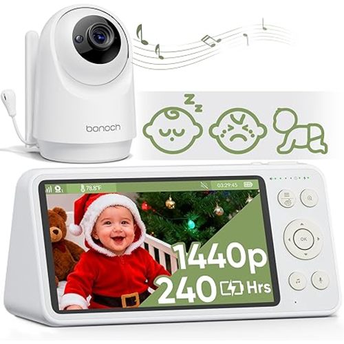 bonoch 1440p Baby Monitor with Camera and Audio, 5.5" Smart No WiFi Video Baby Camera, Crying/Motion/Turnover Detect, 240h Long-Lasting, Hack Proof, Night Vision, VOX Mode, White Noise, Shower Gifts