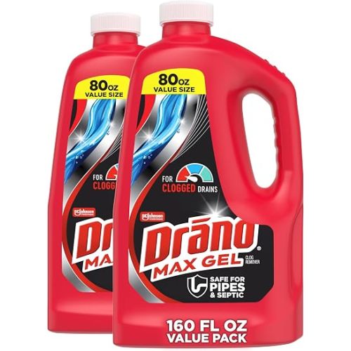 Drano Max Gel Drain Clog Remover & Cleaner, Fast-Acting to Unclog Standing Water & Remove Hair, Grease & Food Blockages, Safe for all Pipes & Septic, Kitchen Sinks, Bathroom Showers, 80 Oz, 2 Pack