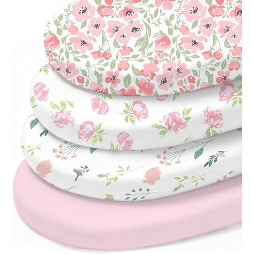 Little Grape Land Bassinet Sheets 4 Pack, 33" x 18" Fitted Bassinet Sheets Up to 4" Deep Pocket, Ultra Soft Baby Bassinet Fitted Sheets for Bassinet Mattress, Rose Garden