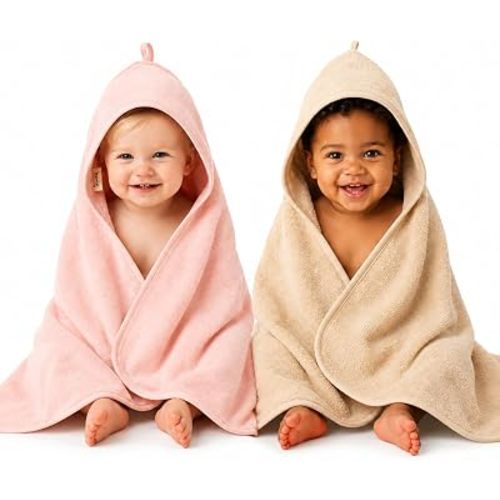 Hooded Baby Towels – 100% Organic Cotton Baby Bath Towels – Baby Girl Newborn Essentials - Super-Soft and Absorbent.. (2-Pack Fog and Blush)