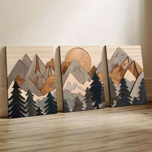 3pcs Wood Frame Wooden mountain murals, rural wood effect art, forest art Painting, Creative print,Waterproof Canvas Wall Art, Artwork Wall Painting For Gift, Bedroom, Living RoomWall Decor, Home And