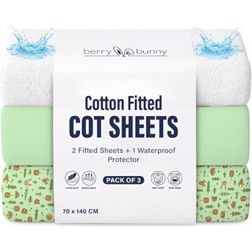 Berry & Bunny 3 Pack Cot Bed Sheets 140 x 70 cm – 100% Cotton 2 Fitted Sheets & 1 Waterproof Mattress Protector Cover – Soft Breathable Cot Sheets for Baby Mattress – Green Forest