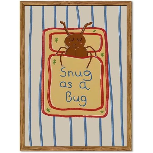 Framed Snug as a Bug Wall Art, Nursery Funny Bug Sleeping Wall Decor Paintings, Blue Striped Cute Insect Pictures Canvas Prints for Living Room Boy Girl Baby Kids Room 12x16 inch