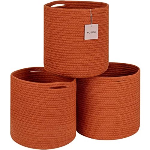 voten Storage Cubes Baskets Bins Organizer 11x11x11'' Fit 12x12''Cube Bookcases Shelf,Durable Woven Cotton Storage Basket for Organizing,Round 3Pack Brick Red