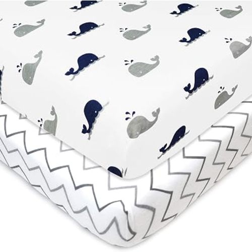 American Baby Company 2 Pack 100% Natural Cotton Fitted Pack and Play Sheets 39" x 27" - Soft & Breathable Pack N Play Sheets for Playard & Mini Crib Mattress, Gray Whale & Wave, for Boys & Girls