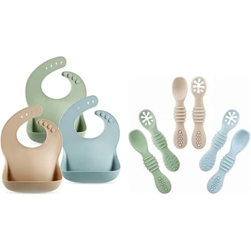 PandaEar Set of 3 Silicone Baby Bibs & 6 Pack Silicone Baby Spoons