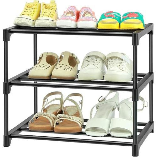 3-Tier Small Shoe Racks, Narrow Shoe Rack for 5-6 Pairs Shoe Storage,Kids Shoe Racks for Small Place,Lightweight Stackable Shoe Shelf Organizer for Closet,Black