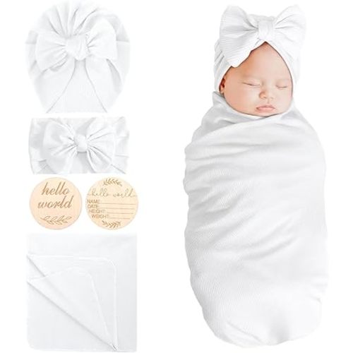 DRESHOW BQUBO Baby Girl Newborn Receiving Blankets with Bow Hat Headband Wooden Birth Announcement Card Set Newborn Baby Swaddle Wrap Set Warm Shower Gift
