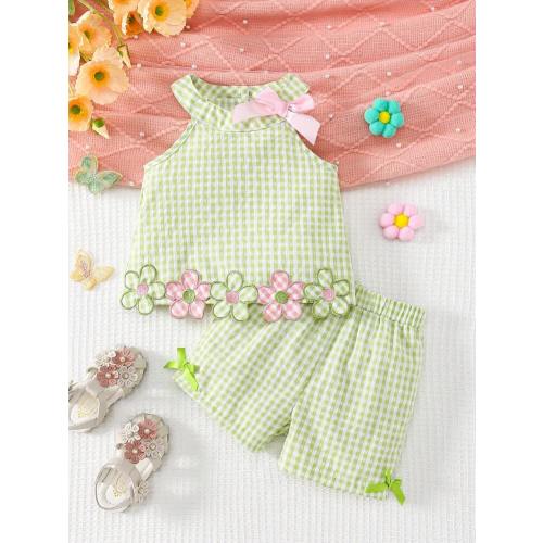 SHEIN Baby Girls' Cute Embroidered Floral Plaid Sleeveless Top And Pants Set, Spring/Summer | SHEIN USA