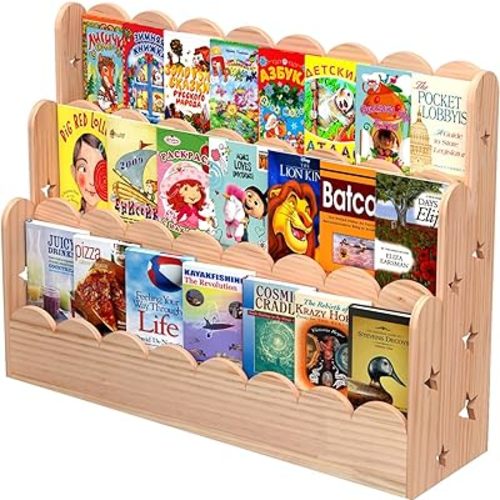 Scalloped Book Shelf for Toddlers, 4-Tier Montessori Bookcase for Kids, Wooden Children Book Rack for Classrooms, Playrooms, and Nursery. (39.4" W*10.6" D*27.6" H)