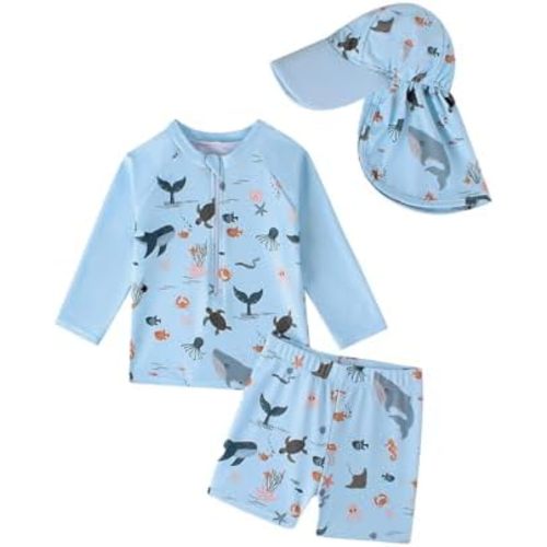 JiAmy Baby Toddler Boys Swimsuit, Long Sleeve Rash Guard Swim Set with Hat, 3 Piece Bathing Suit Swimwear for 6M-4Y