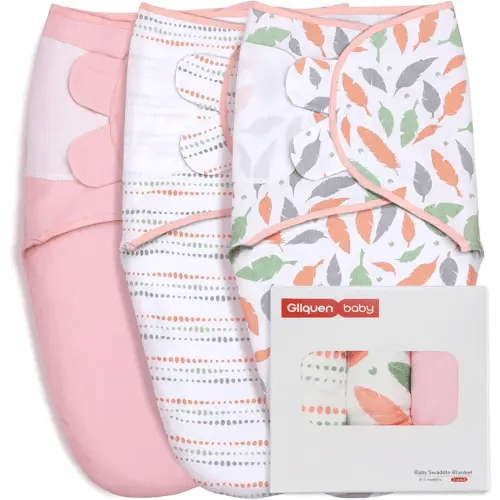 GLLQUEN BABY Swaddle Blankets for Baby Girls, Orange Pink Feather & Wave Point, 3 Pack Wrap Set, Newborn Adjustable Swaddles Sleep Sack, 0-3 Months (Small/Medium)
