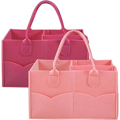 PandaEar 2 Pack Baby Diaper Caddy Organizer, Portable Diaper Holder Nursery Storage Basket for Wipes & baby stuff, Collapsible Baby Organizers with Divided Design (Red/Pink)