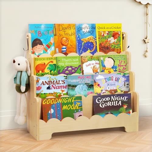 Tohiasen Kids Bookshelf Wooden 4-Tier, Scalloped Book Shelf for Kids Rooms, Front Facing Toddler Montessori Bookshelf, Baby Nursery Book Shelves Kid Classroom Book Shelf Bookcase