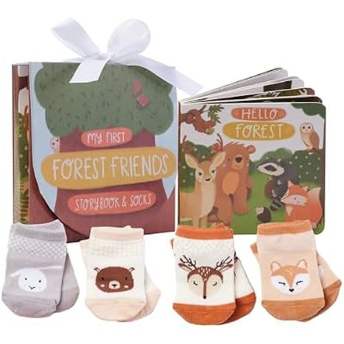 Tickle & Main Registry Gift Set - 5 Pieces, Forest Friends, 0-12 Months - Baby Socks Newborn & Hello Forest Board Book - Newborn Set, Gender Neutral