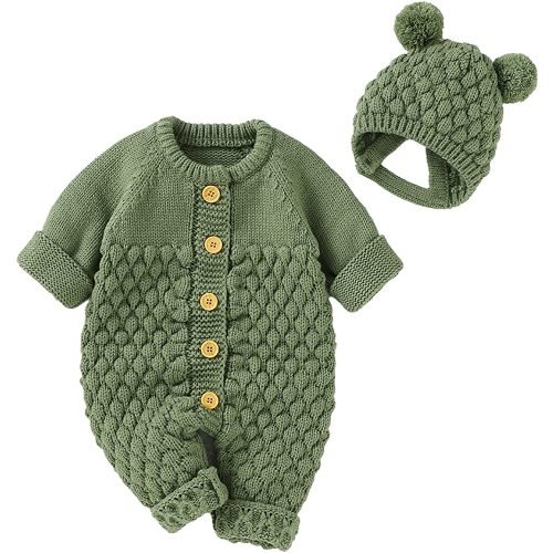 Newborn Baby Knitted Romper Cute Jumpsuit + Hat Sweater Outfit Set for Unisex