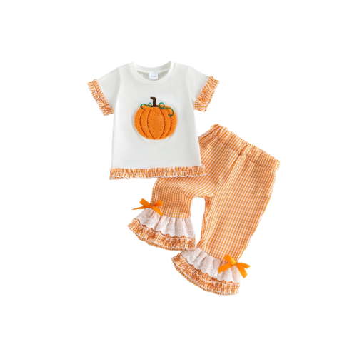 Loicainy Toddler Baby Girl Halloween Clothes 6 12 18 24 Month 2T 3T 4T Pumpkin Ruffled Trim Crew Neck Short Sleeve Tops and Plaid Pants 2 Pcs Outfit Set