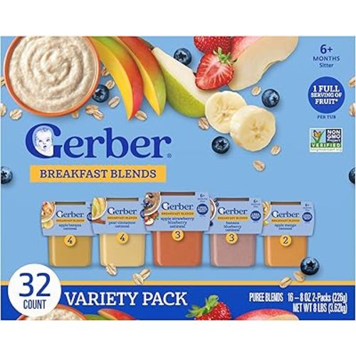 Gerber Stage 2 Baby Food, Baby Fruit And Cereal Tubs Variety Pack, Iron Helps Support Brain Development, No Artificial Flavors, Baby Cereal, 32-Pack