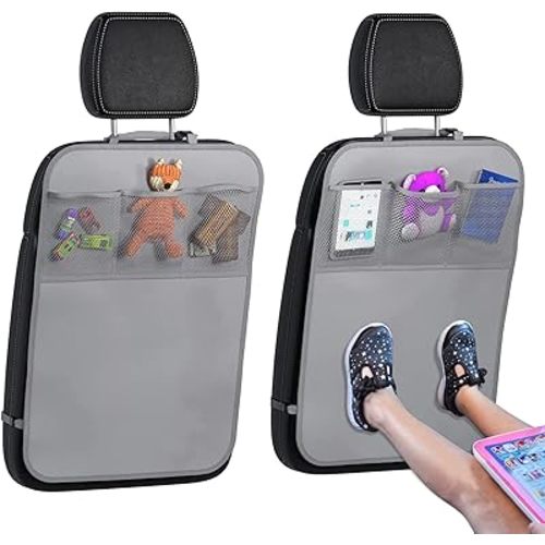lebogner Back Seat Cover For Kids + 3 Pocket Storage Organizer, 2 Pack X-Large Multifunctional Kick Mats Backseat Protector, Car Seat Back Protectors For Vehicles To Protect From Dirt & Scuffs, Grey